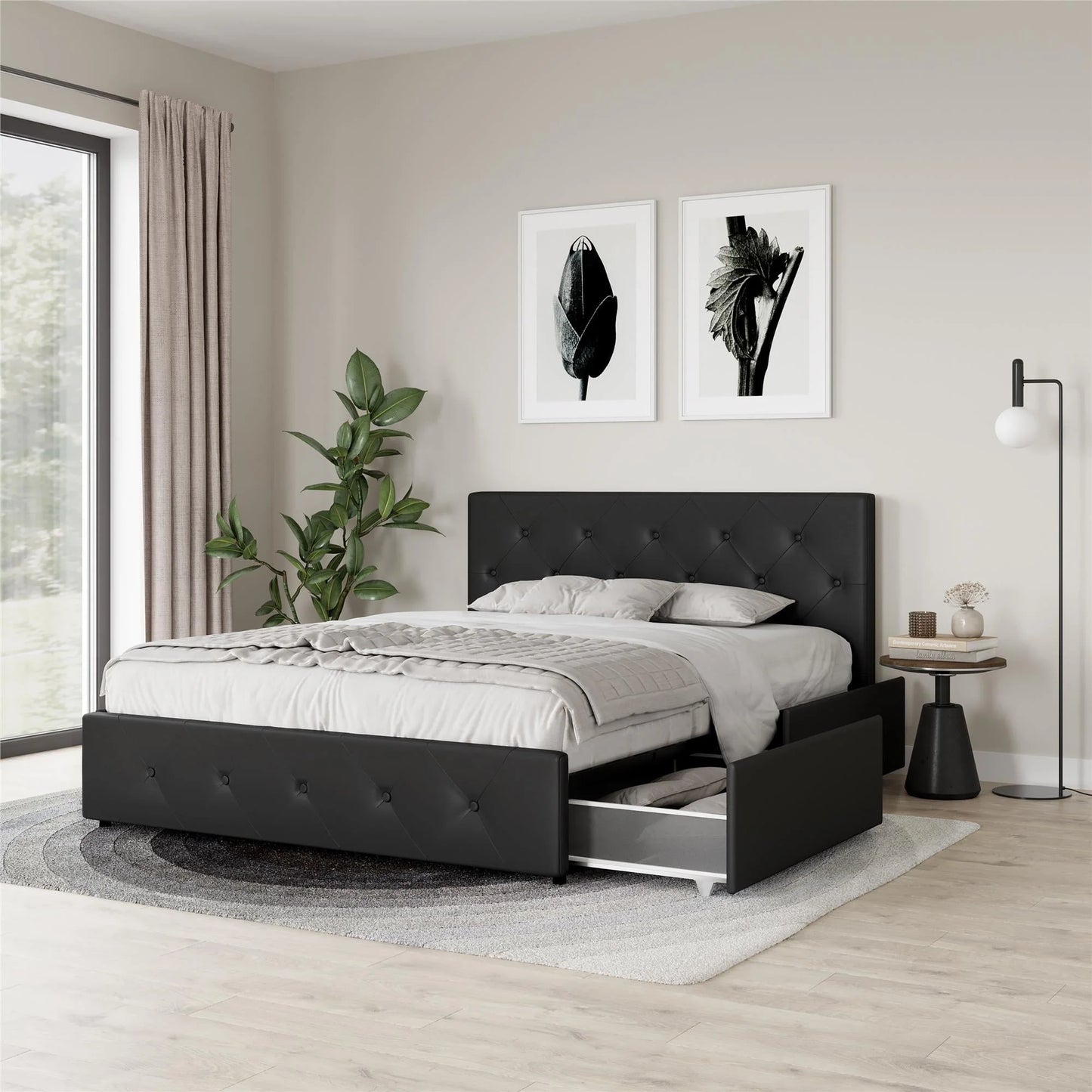 River Street Designs Dean Upholstered Bed With Storage, Black Faux Leather, Queen