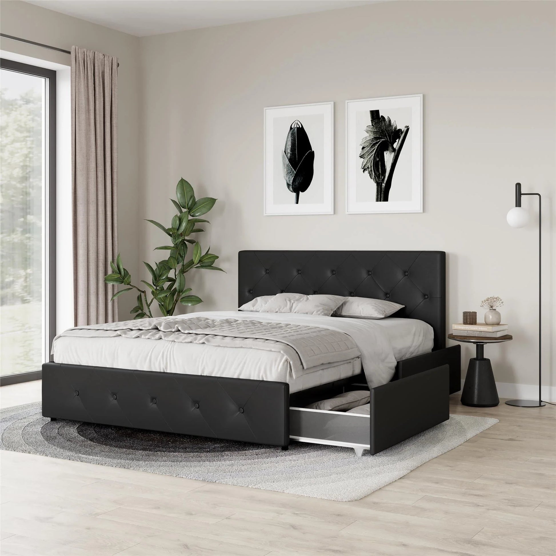 River Street Designs Dean Upholstered Bed With Storage, Black Faux Leather, Queen