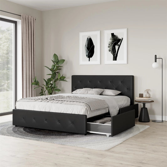 River Street Designs Dean Upholstered Bed With Storage, Black Faux Leather, Queen