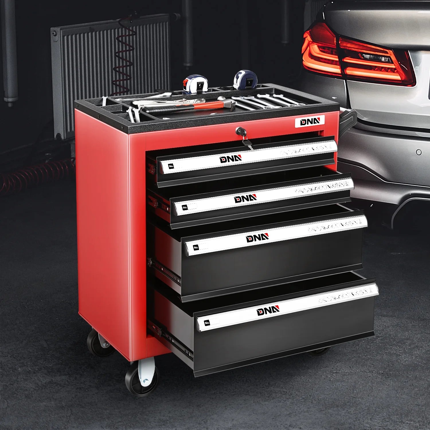 DNA Motoring TOOLS-00401 6 Drawers Garage Warehouse Workshop Plastic Top Tray Rolling Cabinet Chest Red With Swivel Casters
