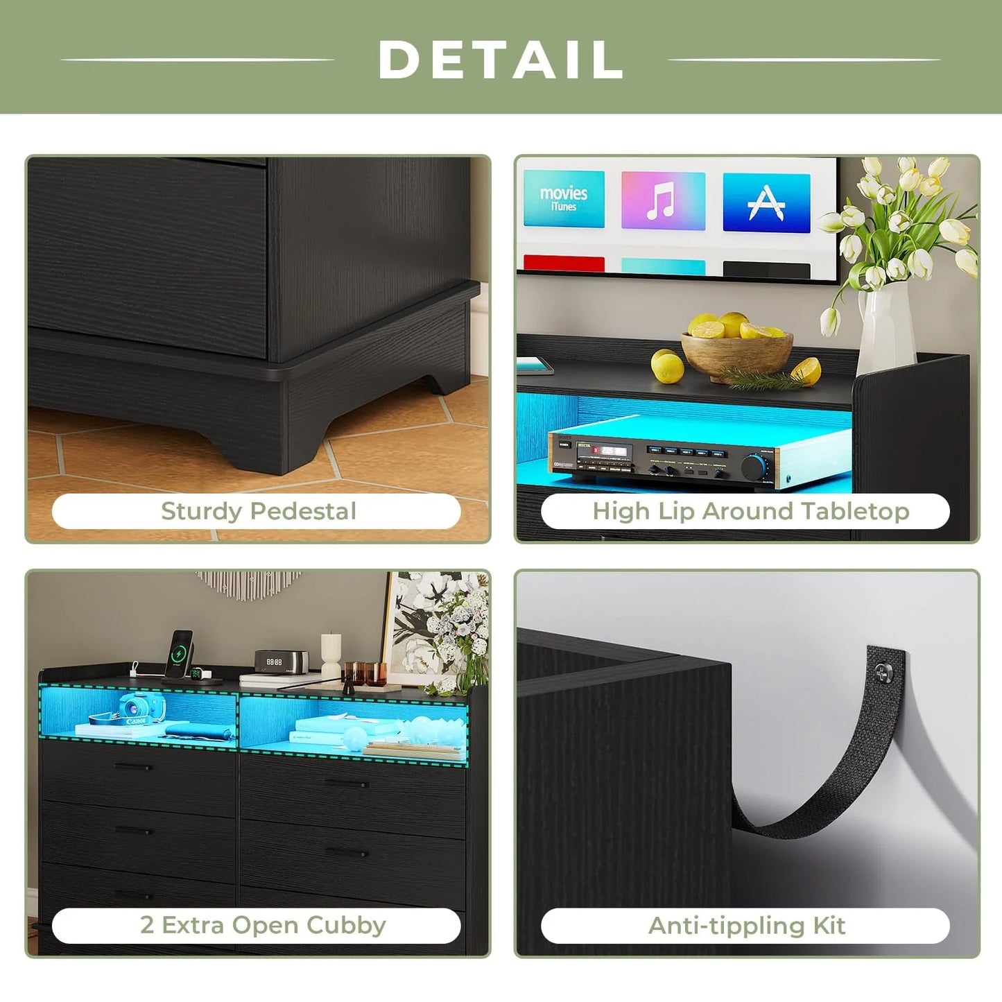 Hasuit 6 Drawers Dresser with LED Lights and Charging Station, Modern Storage Tower Dressers and Chests of Drawers and Open Cubby, Black