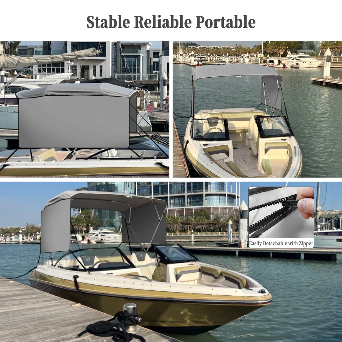 4 Bow Top Boat Cover with Aluminum Alloy Frame, Include Straps & Adjustable Rear Support Pole, Zippered Storage Boot, PU Coating Canvas Gray 8'L x 54" H x 73"-78" W
