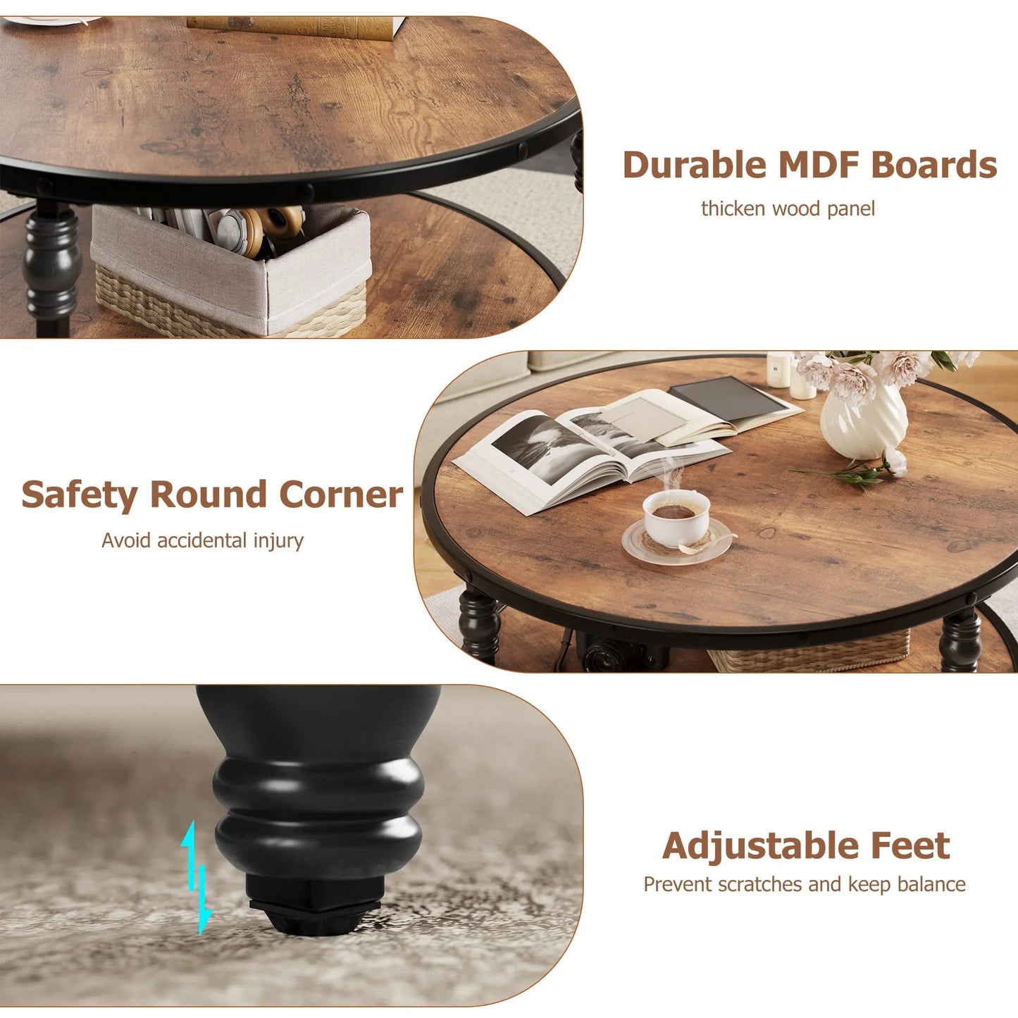 Round Coffee Table with Storage Shelf, Brown Wood 2 Tier Center Table with Metal Leg