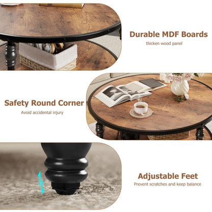 Round Coffee Table with Storage Shelf, Brown Wood 2 Tier Center Table with Metal Leg