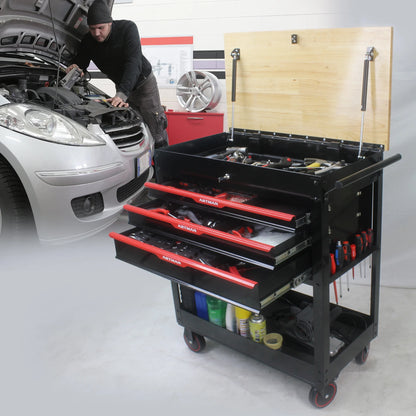 38-Inch Rolling Tool Chest, Tool Box with 3-Drawer, Multifunctional Mobile Tool Cabinet with Wheels and Wooden Top, Drawer Liner, Tool Cart for Workshop Mechanics Garage, Home Improvement
