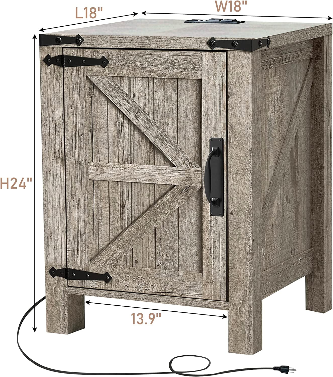 OKD Farmhouse Large Storage Square End Side Tables Wood with Barn Door and Charging Station, Light Rustic Oak