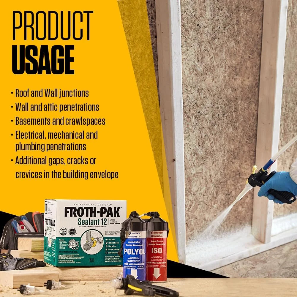 Froth-Pak 12 Spray Foam Sealant Kit, 3ft Hose, 4-Pack. Seals Cavities, Penetrations & Gaps. Yields Up to 12 Board ft. at 2 Thick, 4 Width. Two Component, Polyurethane, Closed Cell
