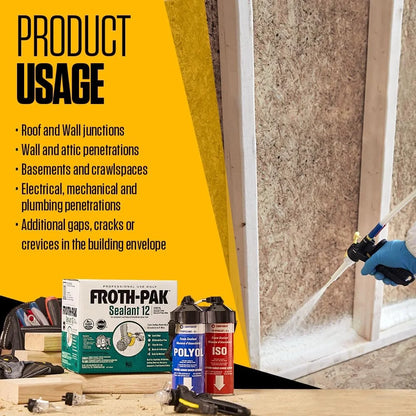Froth-Pak 12 Spray Foam Sealant Kit, 3ft Hose, 4-Pack. Seals Cavities, Penetrations & Gaps. Yields Up to 12 Board ft. at 2 Thick, 4 Width. Two Component, Polyurethane, Closed Cell