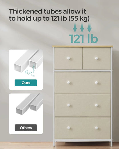 SONGMICS 5 Fabric Drawers Dresser Storage Tower with Unit for-Living-Room Hallway-Nursery Camel Yellow + Cream White
