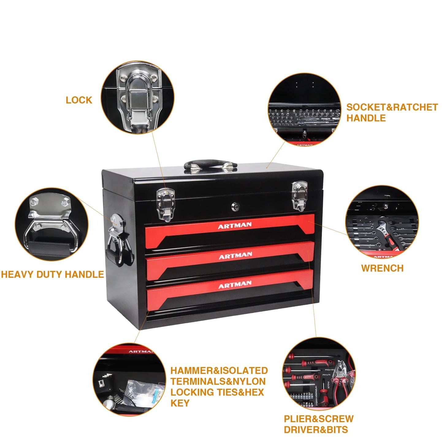 Tool Box with Tool Set, 3 Drawers Metal Toolbox Portable Tool Chest Organizer with Ball-Bearing Drawer