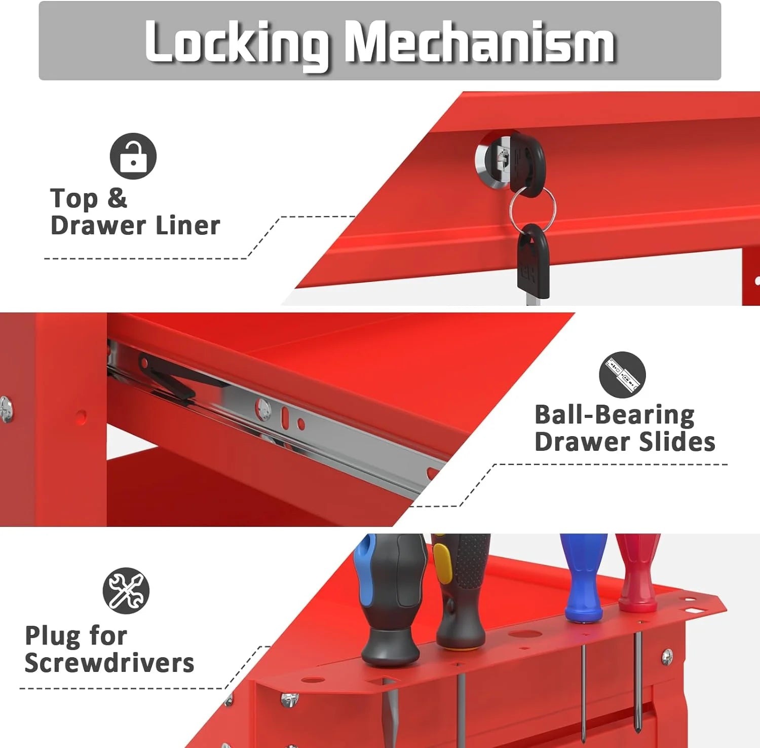 Odaof 3 Tier Rolling Tool Cart,Tool Chest and Tool Organizer with Wheels and Drawer,330 lbs Capacity Utility Cart for Garage Warehouse(Red)
