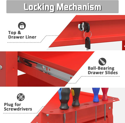 Odaof 3 Tier Rolling Tool Cart,Tool Chest and Tool Organizer with Wheels and Drawer,330 lbs Capacity Utility Cart for Garage Warehouse(Red)
