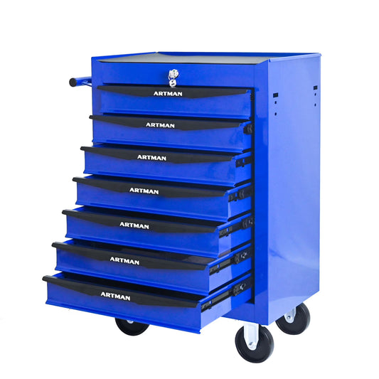 FARONZE Rolling Metal Tool Chest with 7 Drawers, 20" Steel Storage Cabinet with Ball Bearing Slides, Black and Blue Finish