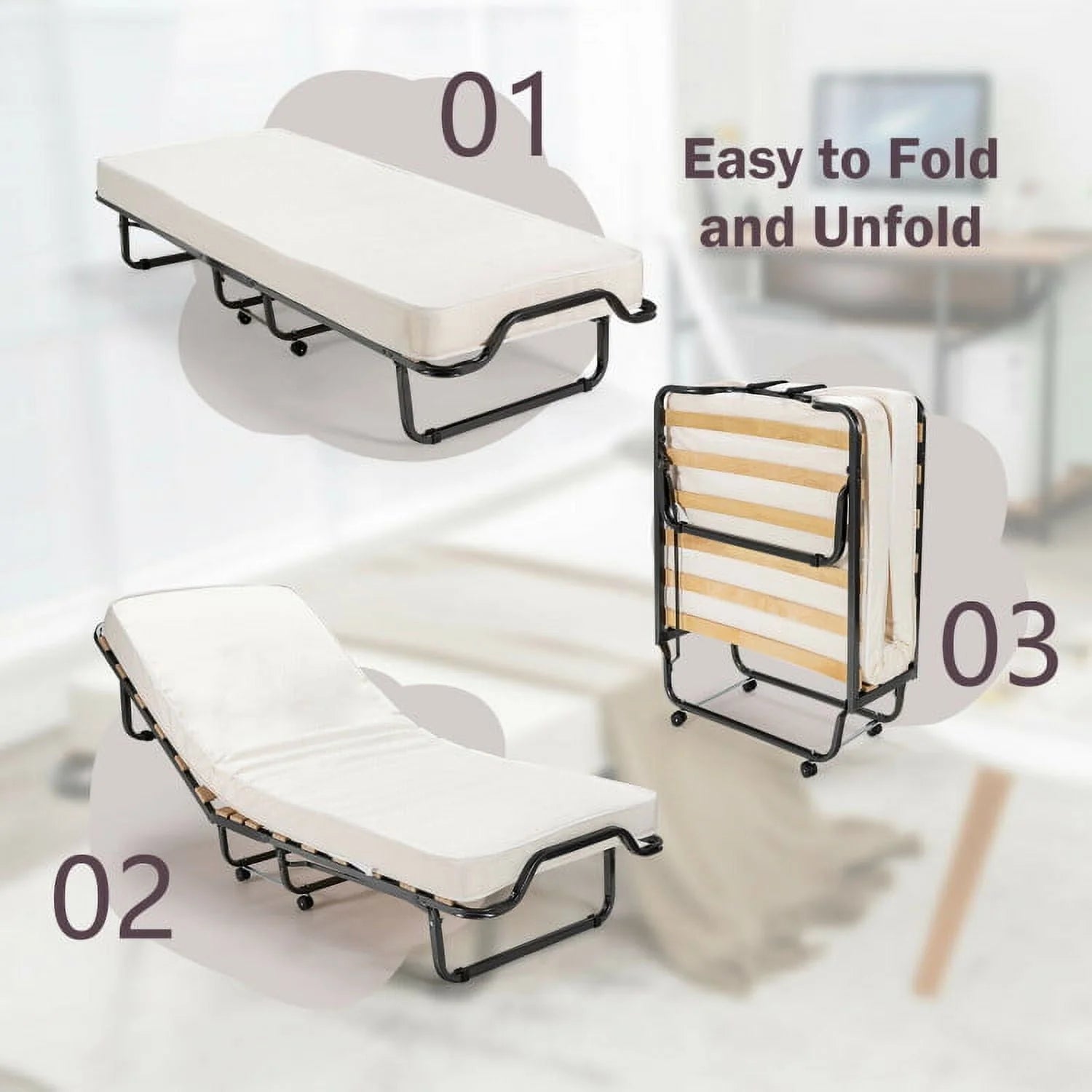 Folding Rollaway Bed, Metal Frame Bed Storage Cover Included, Portable Foldable Guest Bed for Adults, Cot Size Fold up Bed with Memory Foam Mattress on Wheels 76.5" x 31.5" x 16"