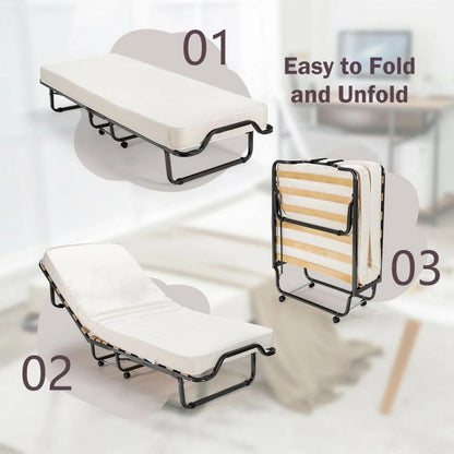 Folding Rollaway Bed, Metal Frame Bed Storage Cover Included, Portable Foldable Guest Bed for Adults, Cot Size Fold up Bed with Memory Foam Mattress on Wheels 76.5" x 31.5" x 16"