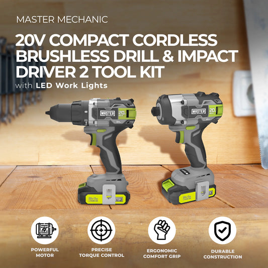 Master Mechanic 20V Cordless Brushless Drill & Impact Driver 2 Tool Kit