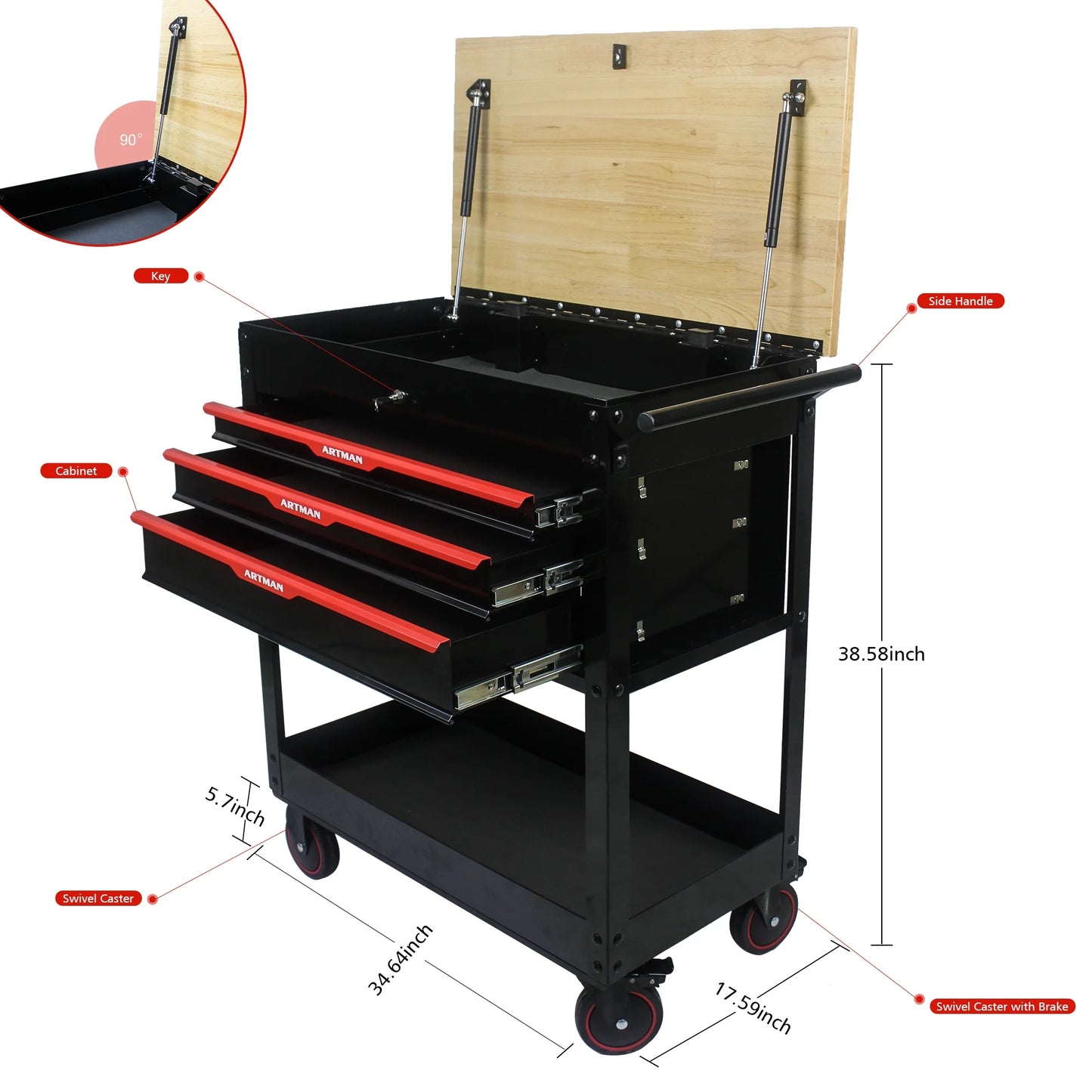 38-Inch Rolling Tool Chest, Tool Box with 3-Drawer, Multifunctional Mobile Tool Cabinet with Wheels and Wooden Top, Drawer Liner, Tool Cart for Workshop Mechanics Garage, Home Improvement
