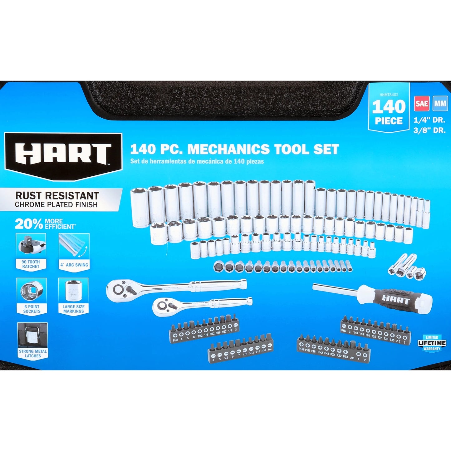 HART 140-Piece 1/4 and 3/8-inch Drive Mechanics Tool Set, Chrome Finish, SAE & Metric