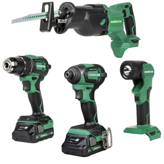 Metabo HPT 18V MultiVolt Cordless Driver Drill, Impact Driver, Reciprocating Saw, and Torchlight 4-Pc Combo Kit | Includes 2-18V 2.0Ah Batteries | Lifetime Tool Warranty | KC18DEX4