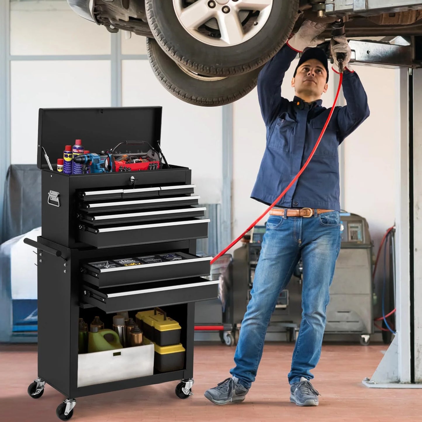 AECOJOY 8-Drawer Rolling Tool Chest, Large Tool Cabinet with Universal Lockable Wheels, Detachable Toolbox Storage for Garage, Repair Shop, Workshop, Black