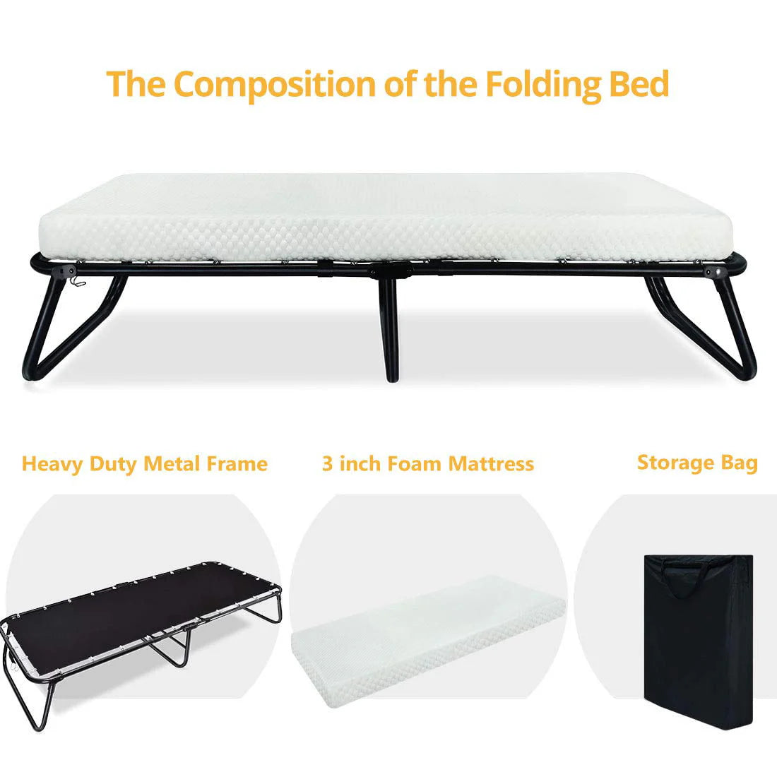 Quictent Heavy Duty Folding Bed with Two Extra Support Belts, 300 lbs Max Weight Capacity, Guest Bed, Daybed with 3D Stretch Knit Material Cover Mattress and Storage Bag Black