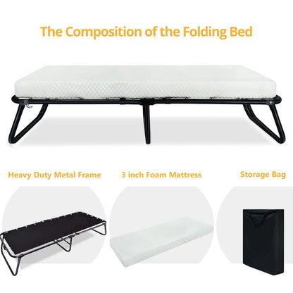 Quictent Heavy Duty Folding Bed with Two Extra Support Belts, 300 lbs Max Weight Capacity, Guest Bed, Daybed with 3D Stretch Knit Material Cover Mattress and Storage Bag Black