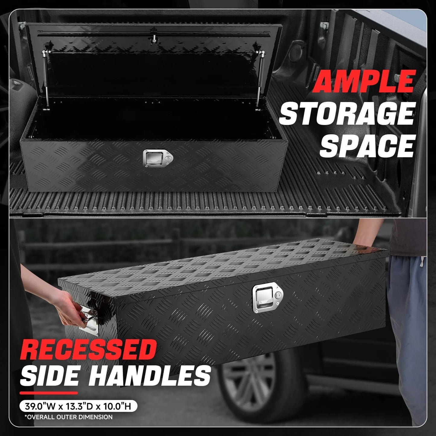 DNA Motoring 39"x13.4"x10" Aluminum Tool Box Pickup Truck Bed RV Trailer Storage w/Lock & Key Black