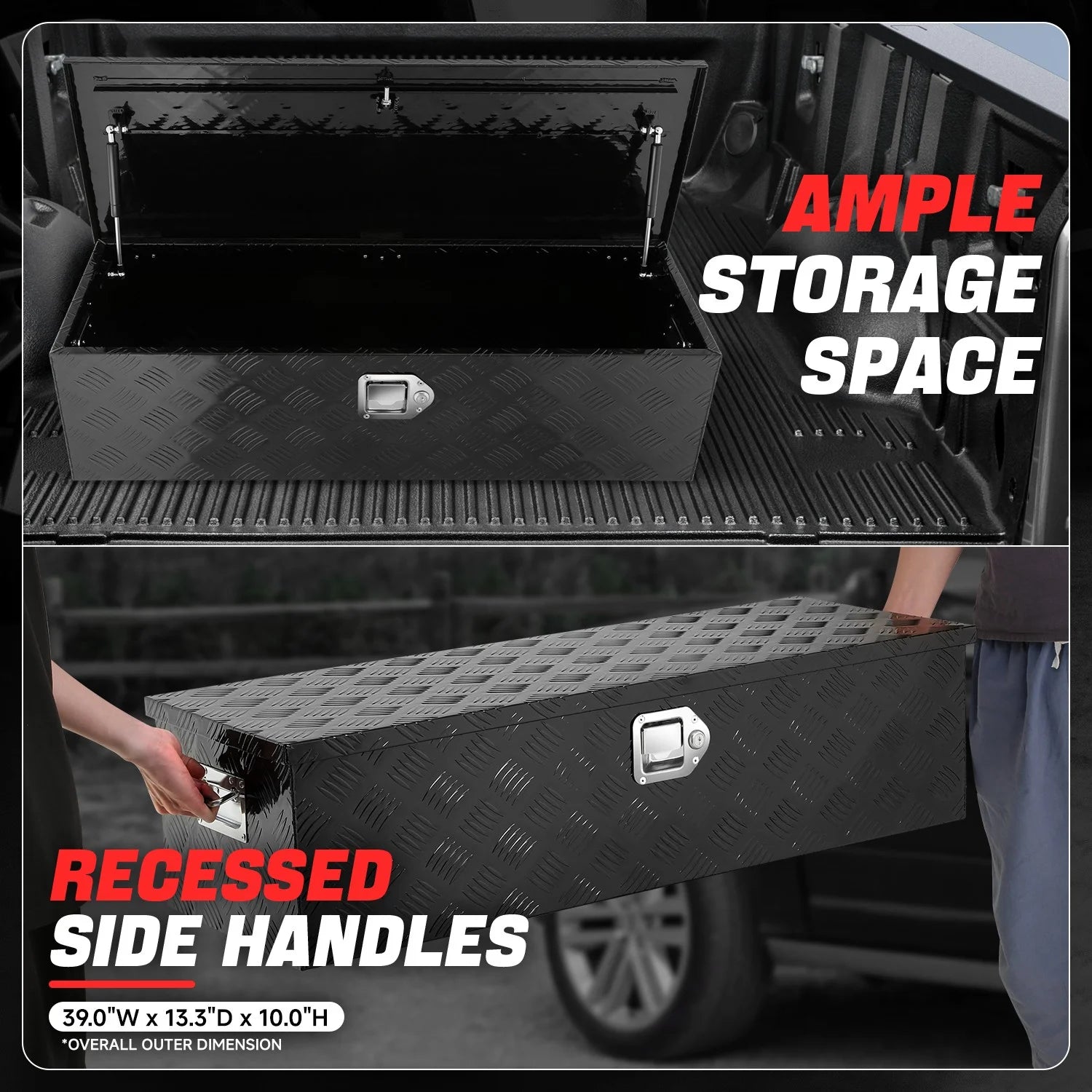 DNA Motoring 39"x13.4"x10" Aluminum Tool Box Pickup Truck Bed RV Trailer Storage w/Lock & Key Black