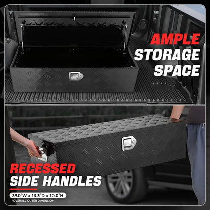 DNA Motoring 39"x13.4"x10" Aluminum Tool Box Pickup Truck Bed RV Trailer Storage w/Lock & Key Black