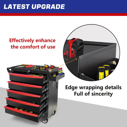 Seizeen Tool Box for Garage Organization, Heavy-Duty Red Tool Chest 5 Storage Drawer, Rooling Tool Cart Lockable for Repair Shop, Smooth Ball-Bearing Drawers