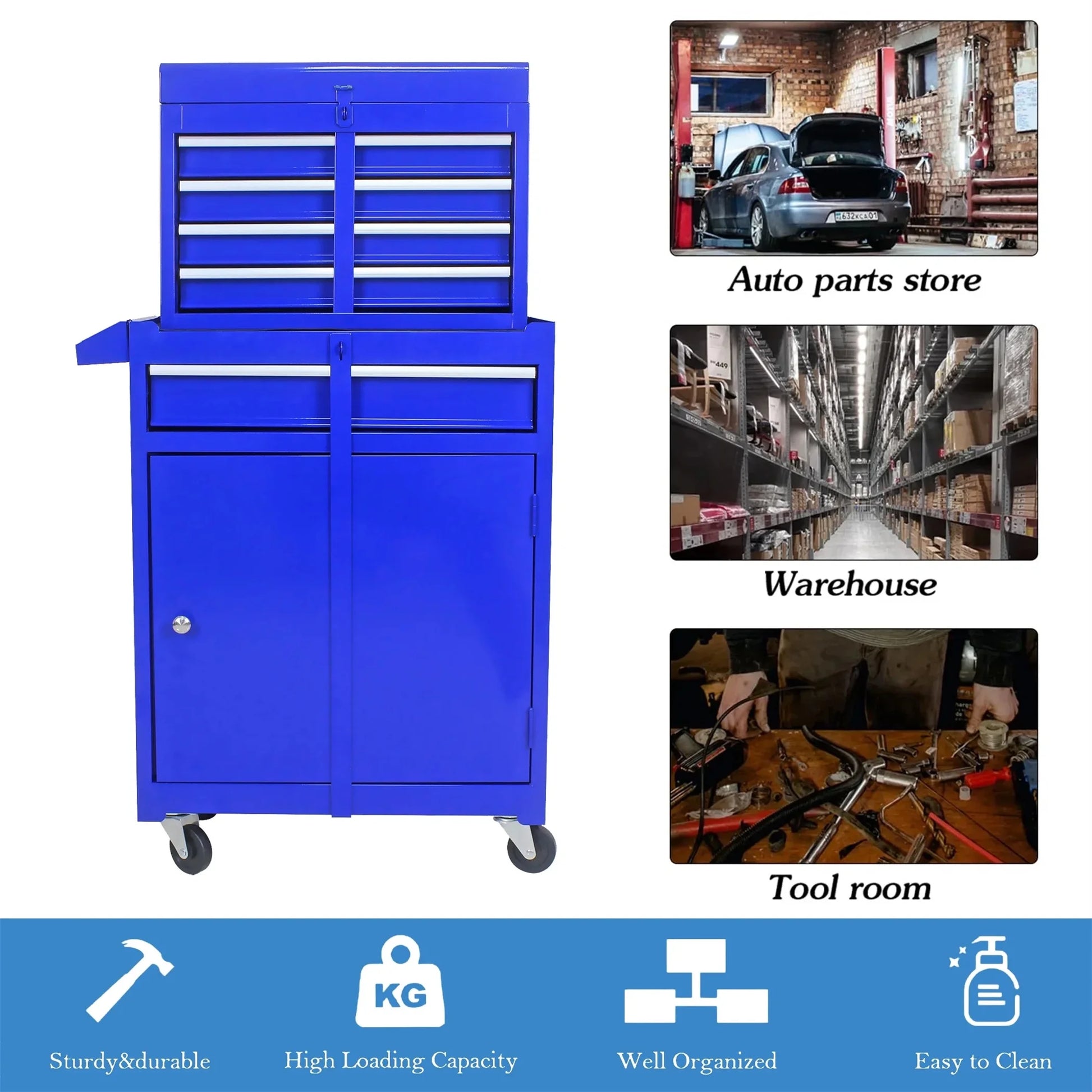 Aukfa Tool Box, 2 in 1 Steel Rolling Tool Chest & Cabinet On Wheels for Garage, 5-drawer, Blue