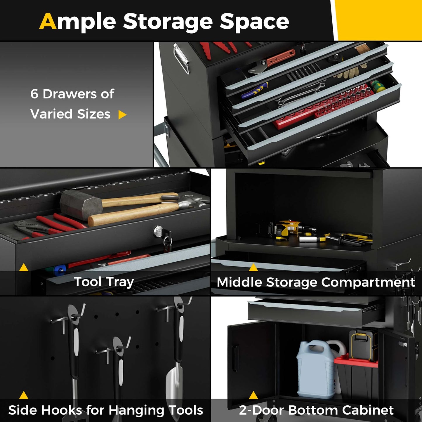 Ironmax 6-Drawer Rolling Tool Chest 3-in-1 Heavy-Duty Storage Cabinet with Universal Wheels Black