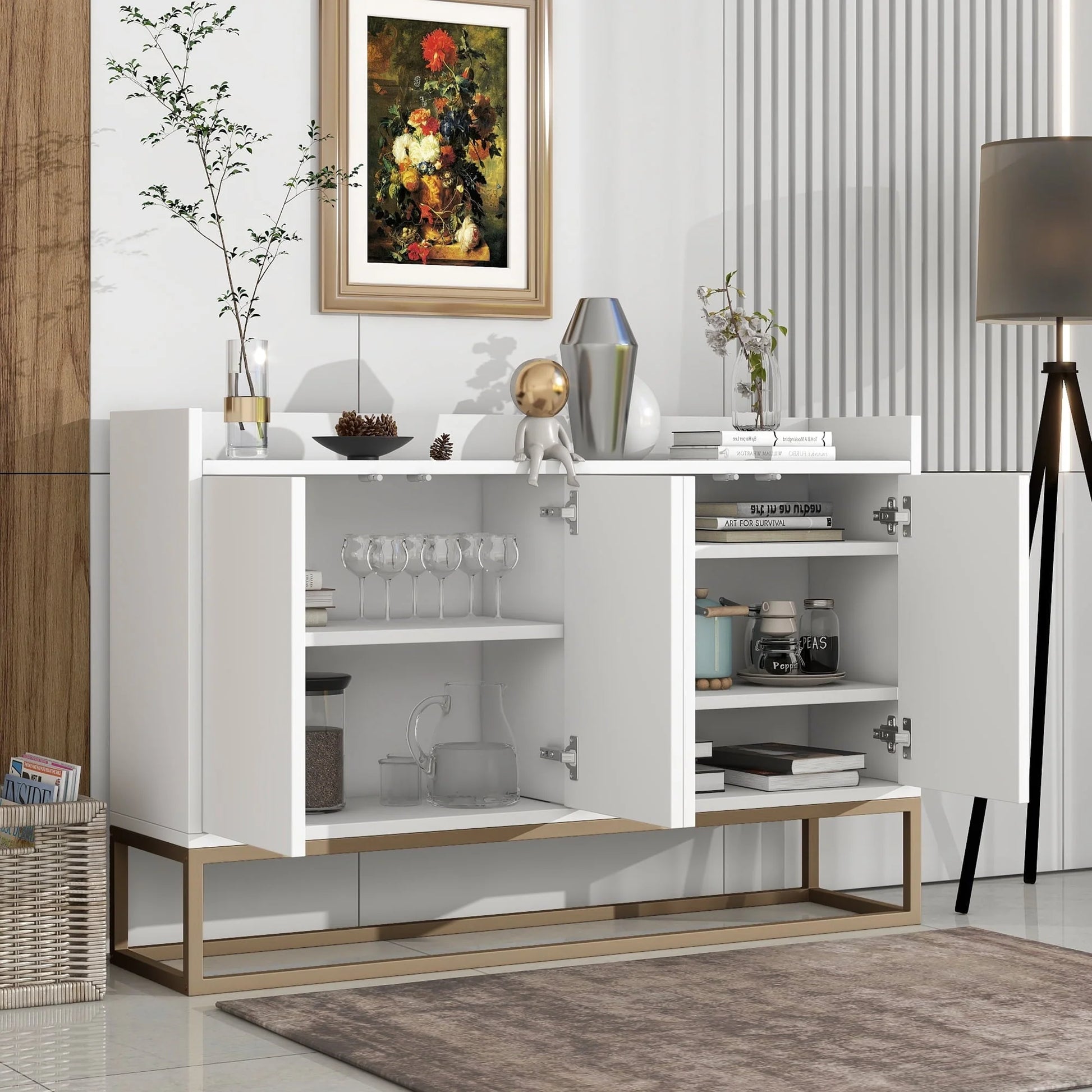 Storage Cabinet, Farmhouse Buffet Sideboard, Buffet Cabinet, Storage Cabinet with 4 Rattan Doors and Adjustable Shelves, Heavy Duty Cabinet Furniture for Living Room Kitchen Dining Room, White