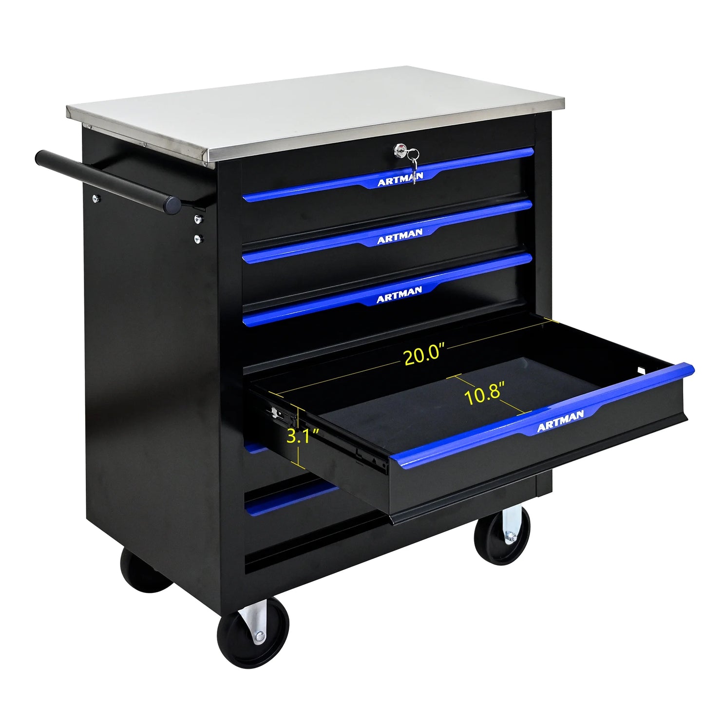 Tool Chest, 6-Drawer Rolling Tool Storage Cabinet with Wheels, Detachable Lockable Tool Box, Metal Tool Cart for Garage Workshop, Black Blue