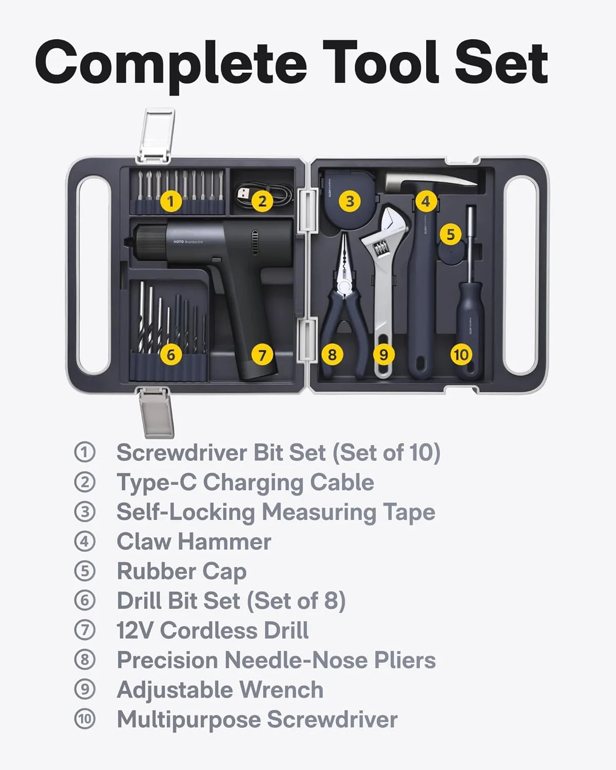 HOTO Cordless Brushless Drill Tool Set, Variable Speed, Hidden Buckle, LED Screen, Intelligent Digital Display, Safe, Exquisite & Practical, High-end Drill Kit for Home/Daily Use