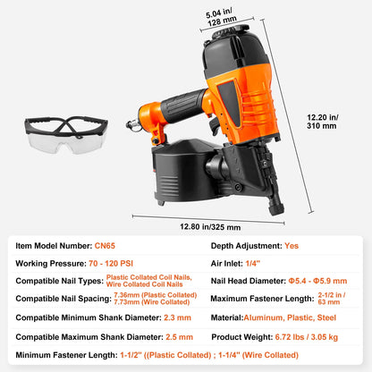 KFFKFF Pneumatic Coil Siding Nailer CN65, Adjustable 1-1/4" to 2-1/2" 15 Degree, 70-120PSI, Ideal for Siding, Sheathing, Woodworking, Fencing, and Decking