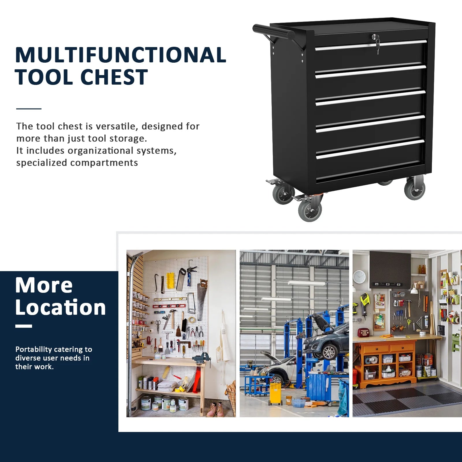 5 Drawer Rolling Tool Chest, Metal Tool Cart on Wheels,Tool Cabinet Key Locking & Drawer Storage,Tool Box Organizer for Garage,Warehouse(Black)