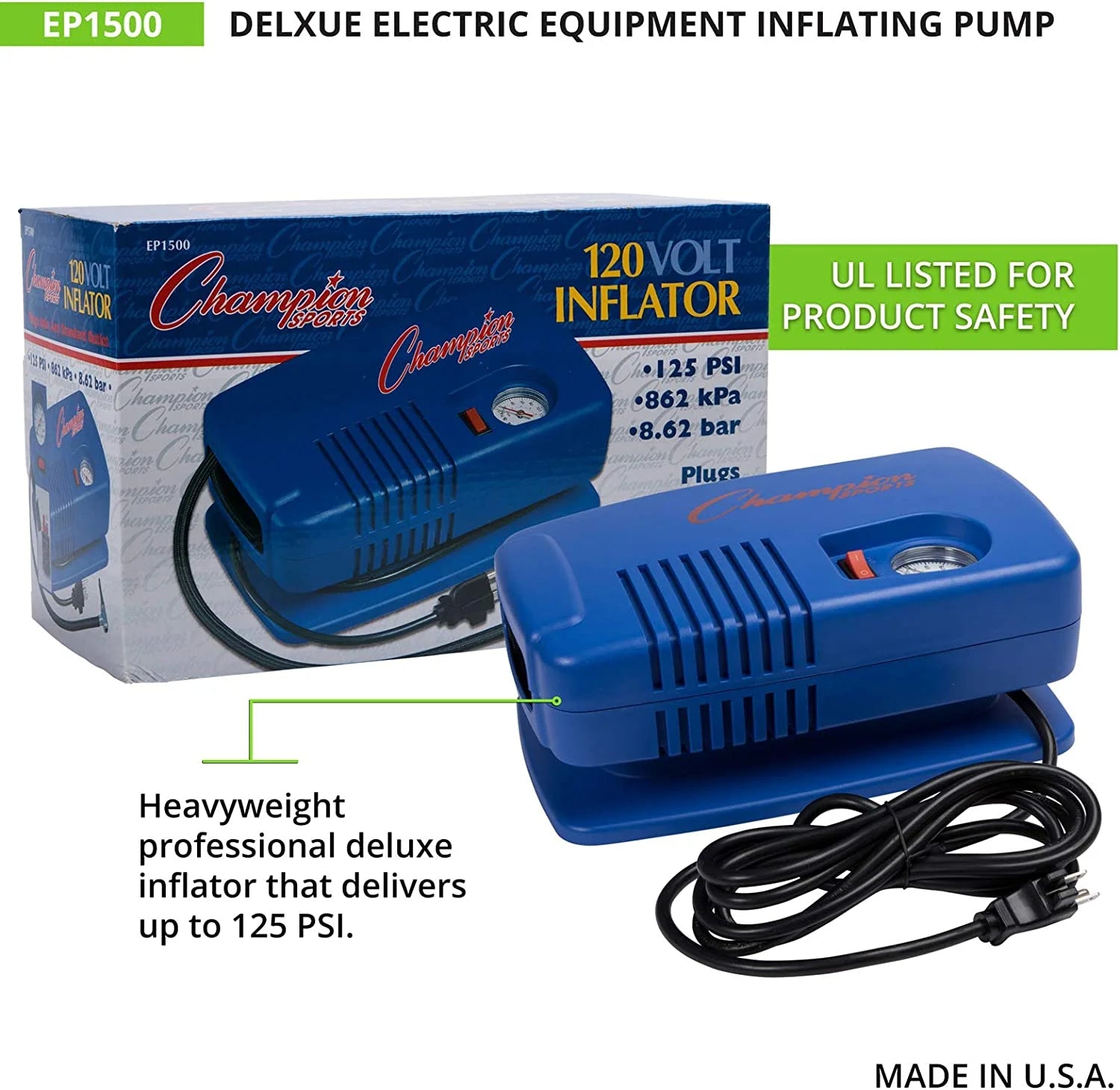 Champion Sports Electric Ball Pump for Basketball, Soccer, Volleyball, with Needle, Gauge, Hose - Quiet, Fast Air Pumps for Balls with up to 125 PSI - Premium Ball Inflator for Gyms, Schools,Blue