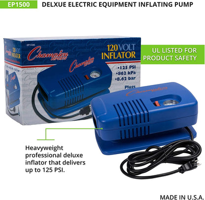 Champion Sports Electric Ball Pump for Basketball, Soccer, Volleyball, with Needle, Gauge, Hose - Quiet, Fast Air Pumps for Balls with up to 125 PSI - Premium Ball Inflator for Gyms, Schools,Blue