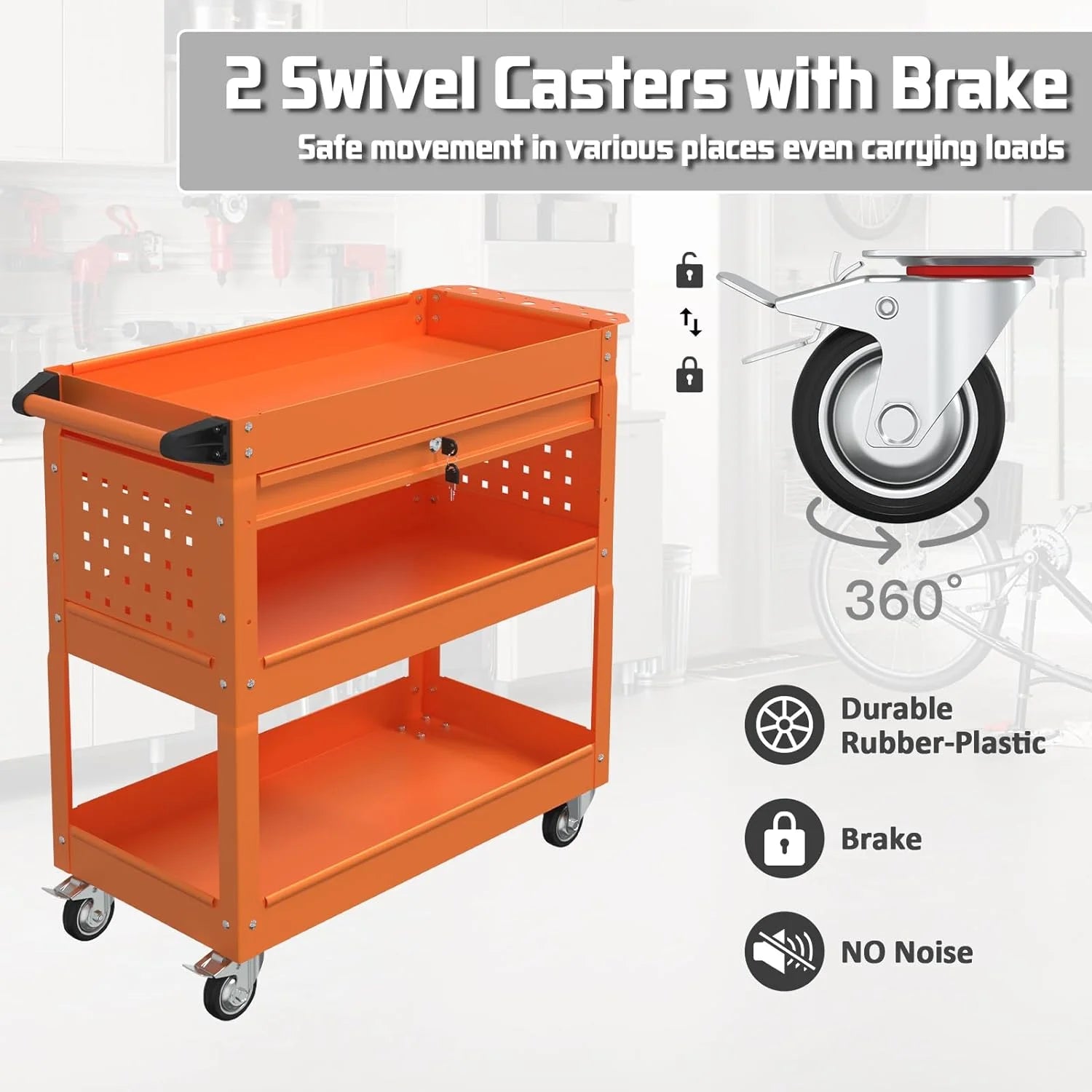 Odaof 4-Wheel Big Rolling Tool Storage Cart with Ball-Bearing Slides for Garage and Warehouse (Orange)