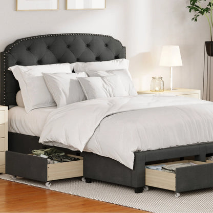 DG Casa Argo Tufted Upholstered Panel Bed Frame with Storage Drawers and Nailhead Trim Headboard, Queen Size Storage Bed in Charcoal Linen Style Fabric