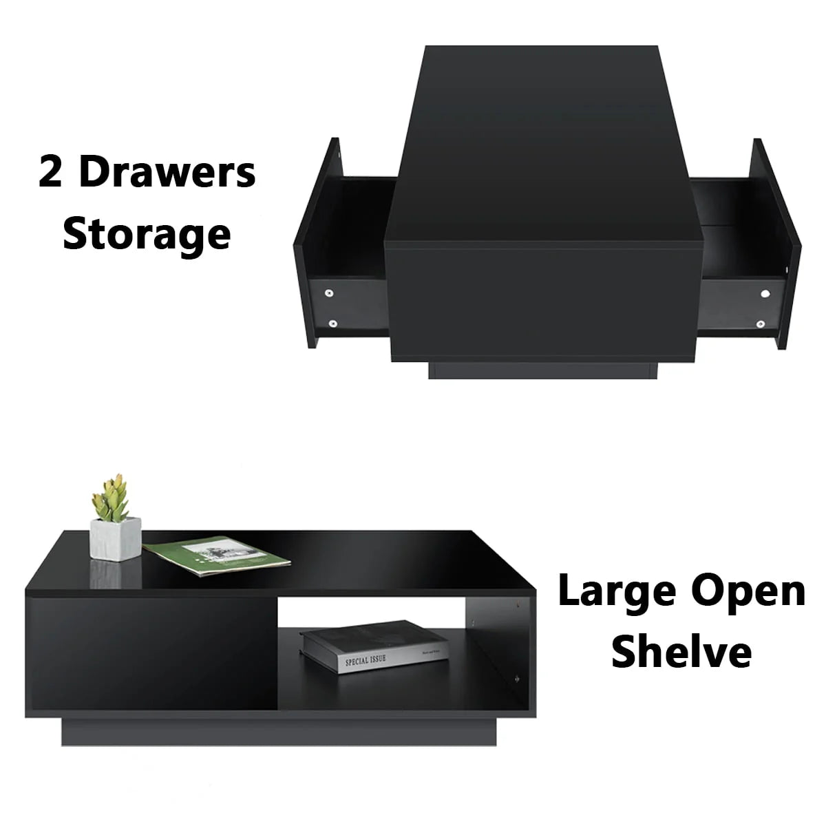 Hommpa High Gloss Black Coffee Table with 2 Drawers LED Sofa Side End Tea Table Modern Living Room Furniture with Storage Space
