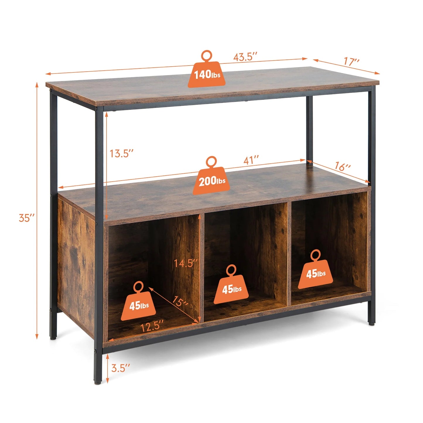 Costway Buffet Sideboard Kitchen Storage Cabinet Open Shelf w/3 Compartments Rustic