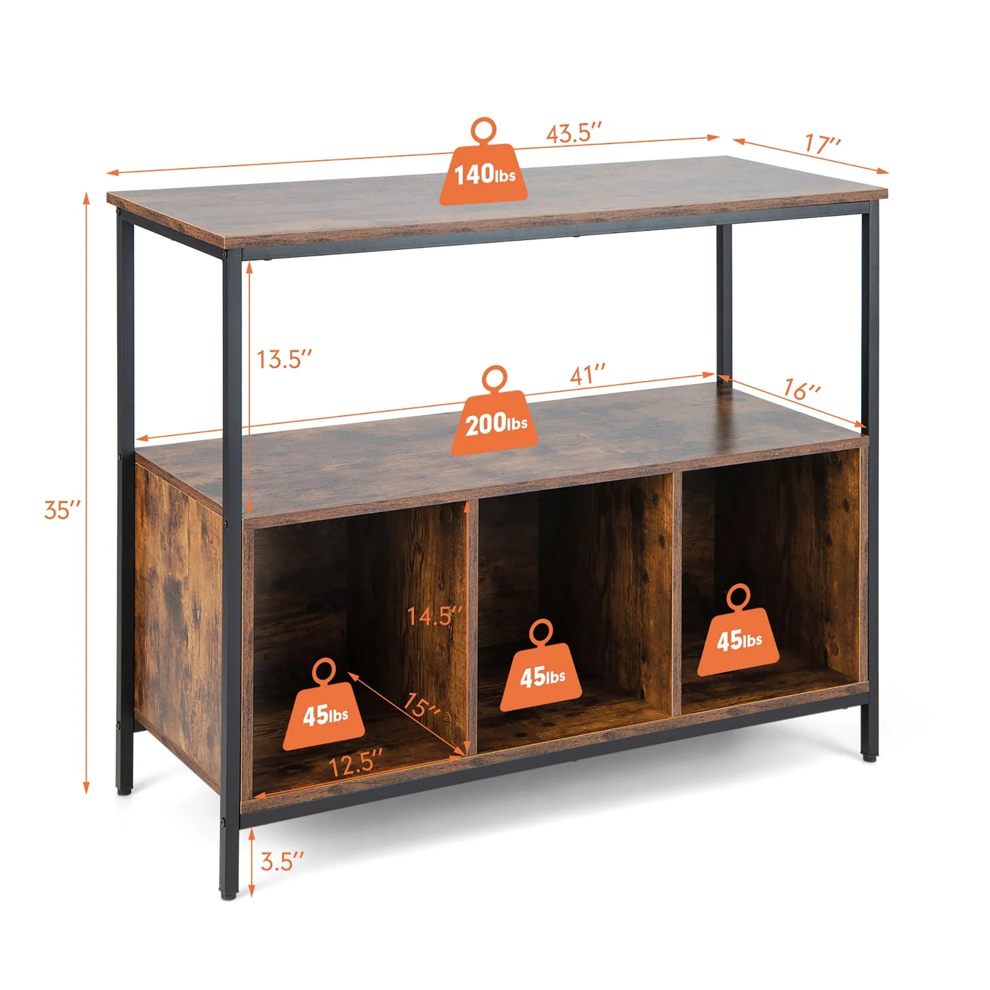 Costway Buffet Sideboard Kitchen Storage Cabinet Open Shelf w/3 Compartments Rustic