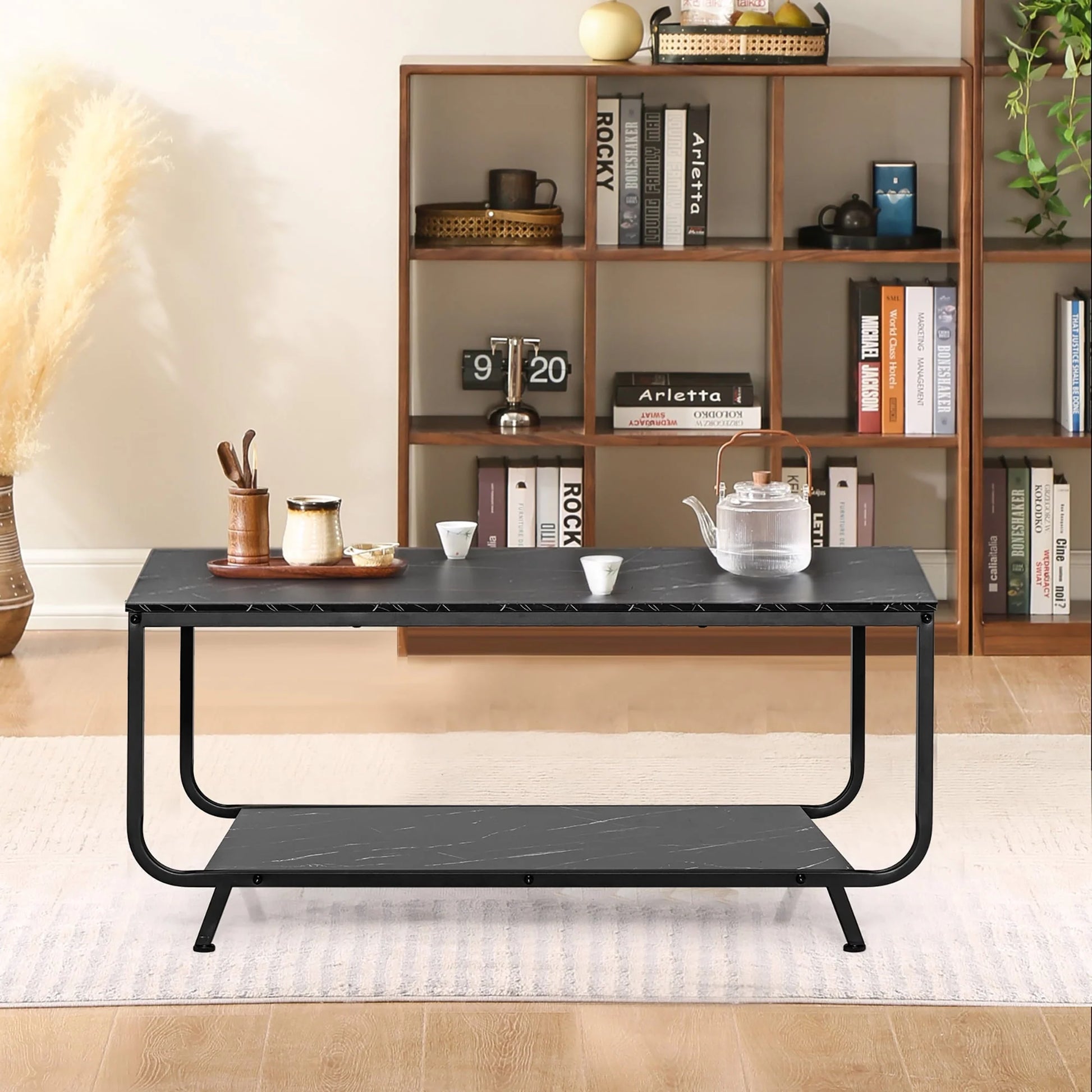Costway Coffee Table 2-Tier Modern Marble Coffee Table W/Storage Shelf for Living Room