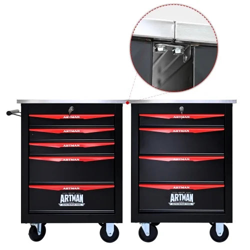 POVANLI 5 Drawer Portable Tool Box With Wheels,Tool Chest With Key Locking Tool Boxes/Organizers Black& Red
