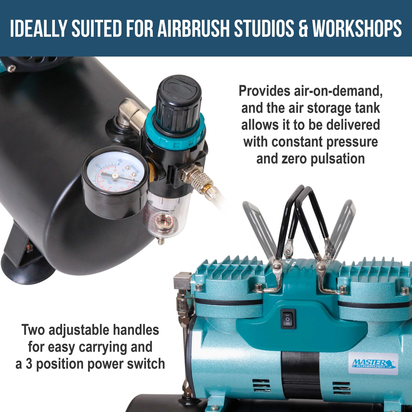 Cool Running Master Airbrush 1/4 hp Twin Cylinder Piston Air Compressor with Extra Large Storage Tank - High Airflow