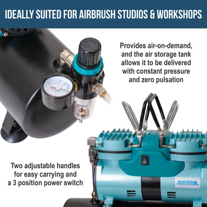 Cool Running Master Airbrush 1/4 hp Twin Cylinder Piston Air Compressor with Extra Large Storage Tank - High Airflow