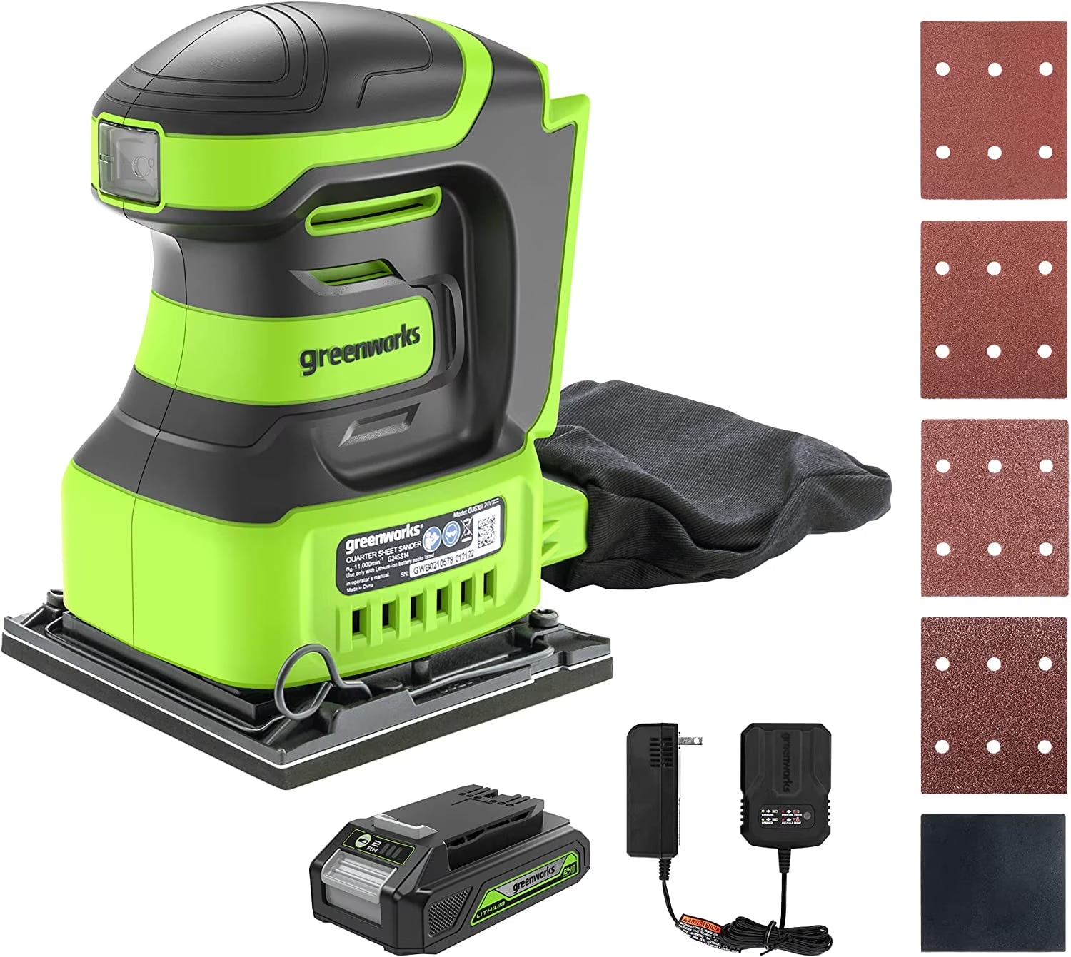 Greenworks 24V Cordless Quarter Sheet Sander 11,000 Opm with 2Ah Battery and Charger