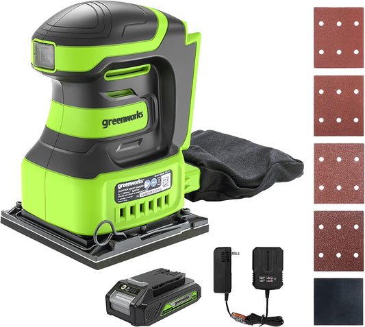 Greenworks 24V Cordless Quarter Sheet Sander 11,000 Opm with 2Ah Battery and Charger